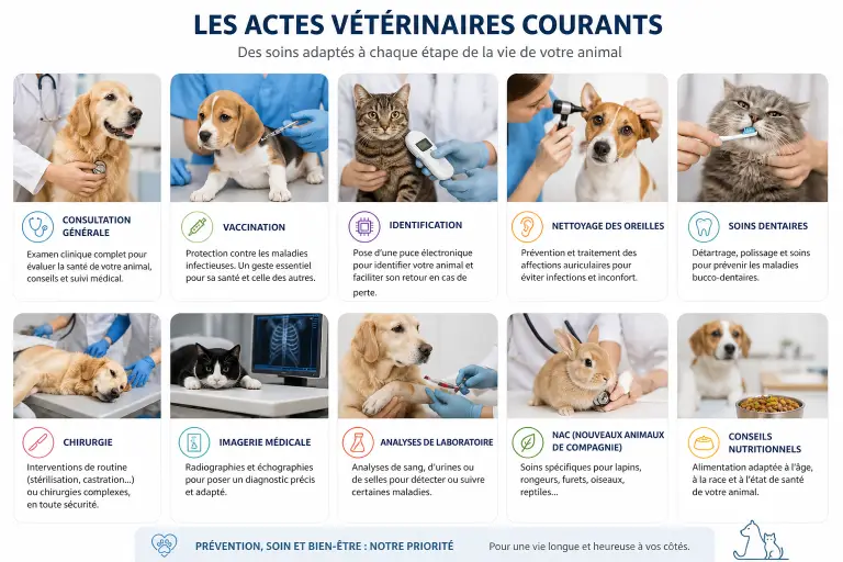 Tarifs et Paiements 11 Infographie sur les actes vétérinaires courants pour chiens, chats et NAC : consultation, vaccination, identification, chirurgie, imagerie, analyses, soins dentaires et conseils nutritionnels.