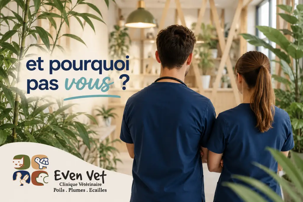 Deux vétérinaires vus de dos dans la clinique EvenVet, avec le message « et pourquoi pas vous ? », illustrant le recrutement d’un futur collaborateur vétérinaire à Esvres-sur-Indre.