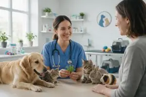 Consultation de phytothérapie vétérinaire avec chien, chat et NAC